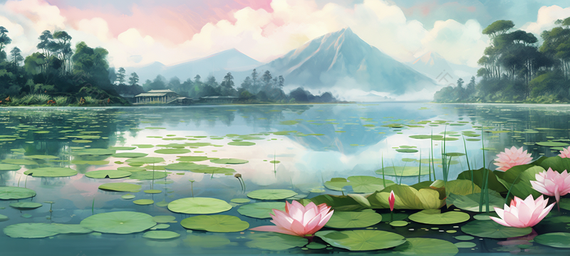 山水间荷花池风景,插画/手绘图,插画/手绘图库,插画/手绘图下载,插画/手绘